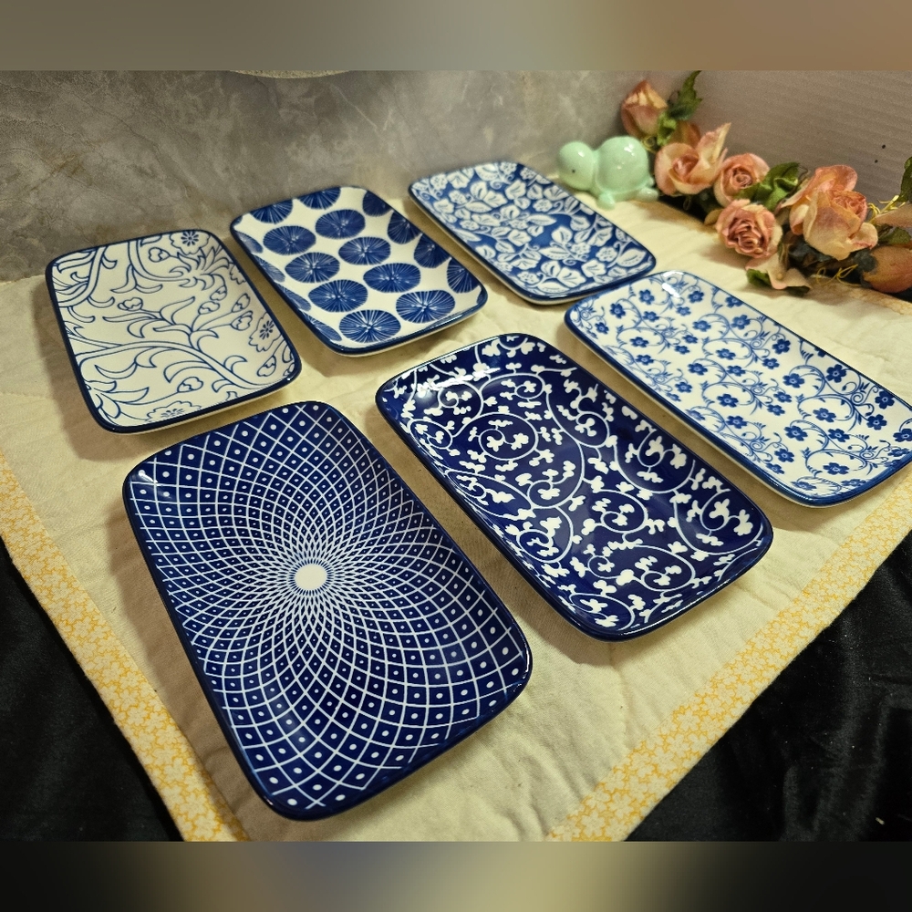 Selamica Ceramic Rectangular Plates, Blue and White